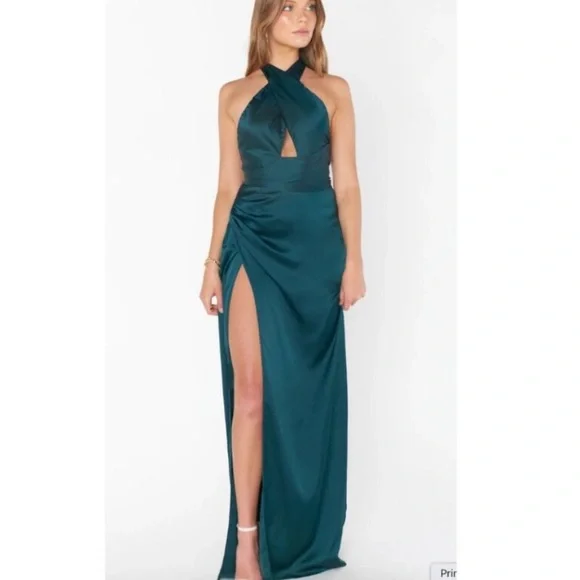 Show Me Your Mumu Adele Halter Maxi Dress in Deep Emerald Luxe Satin M NWT - Picture 3 of 16